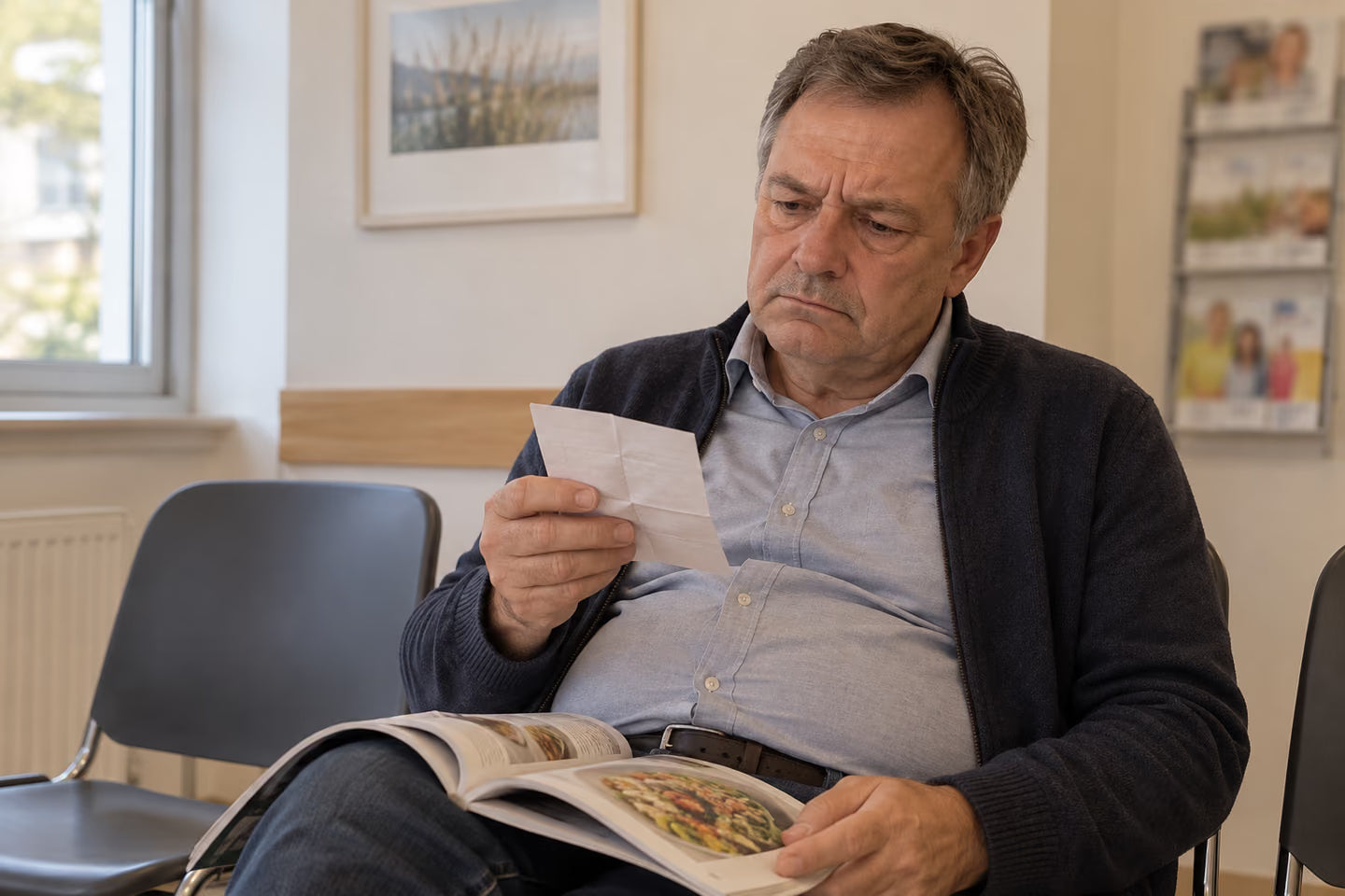 Mann im Wartezimmer mit aufgeschlagener Zeitschrift und einem gefalteten Zettel in der Hand