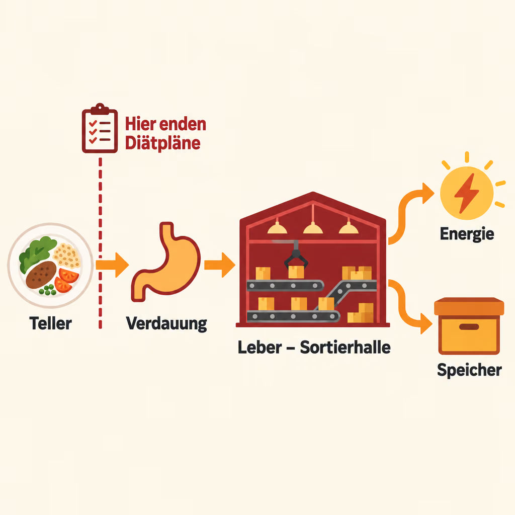 Infografik: Weg vom Teller über die Verdauung zur Leber, die Fett in Energie oder Speicher sortiert – Diätpläne enden schon am Teller