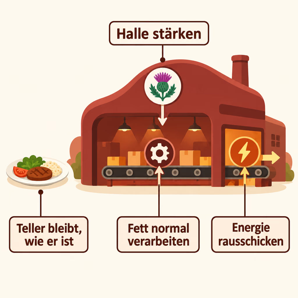 Infografik: Die Leber als Sortierhalle mit drei Hebeln – Halle stärken, Fett normal verarbeiten, Energie rausschicken – der Teller bleibt unverändert