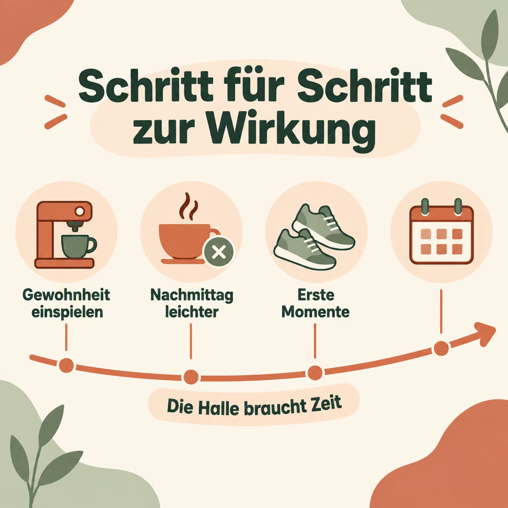Infografik: Zeitleiste von der neuen Gewohnheit über leichtere Nachmittage bis zum Kur-Horizont von 8 Wochen