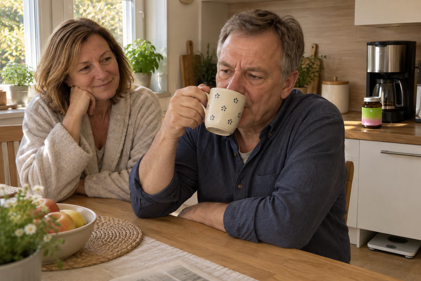 Mann trinkt morgens Kaffee neben der Glasdose, Frau lächelt