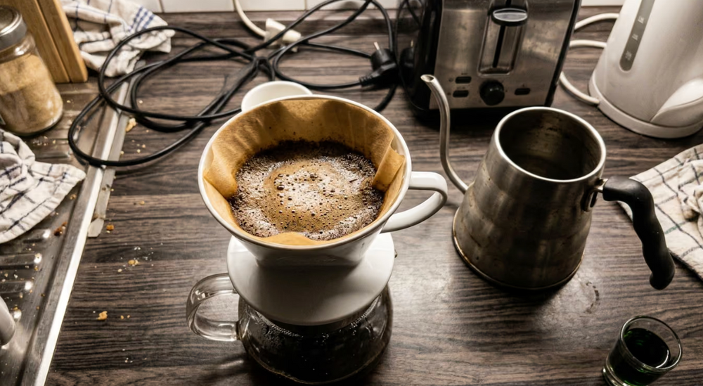 Ein Morgenkaffee mit dem bitteren Kräuter-Shot daneben