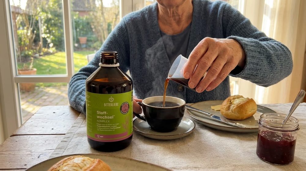 Ein Löffel des Shots zum Morgenkaffee