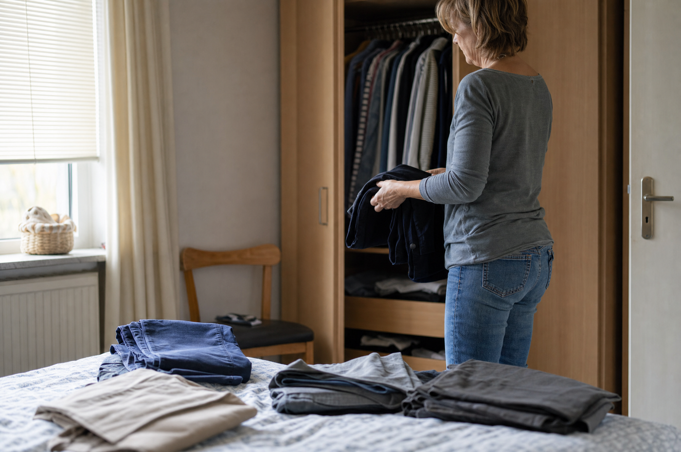 Frau vor dem geöffneten Kleiderschrank