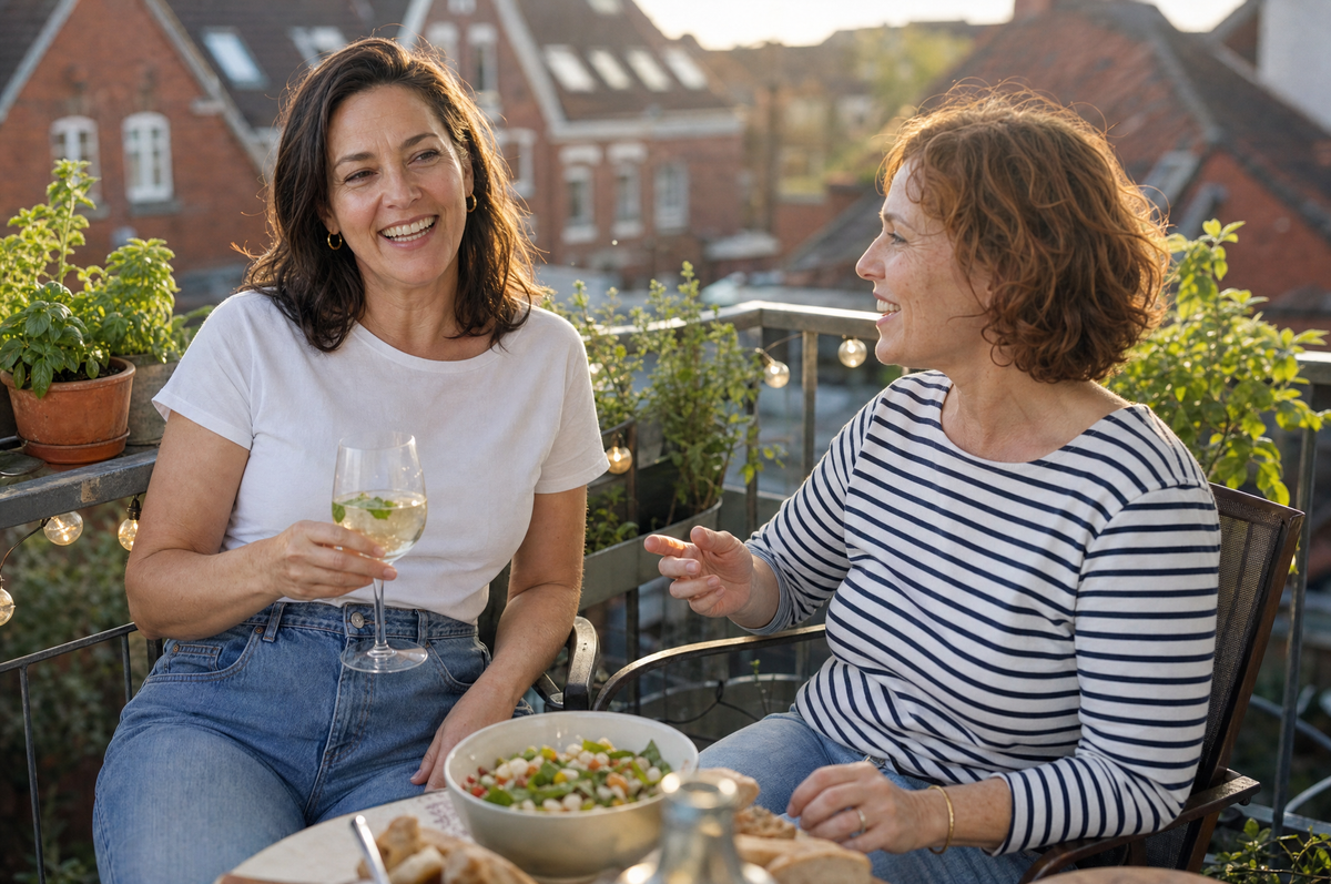 Sabine lacht abends mit einer Freundin auf dem Balkon