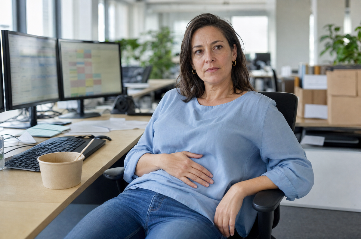 Sabine lehnt sich nach dem Mittagessen am Schreibtisch zurück, die Hand unter den Rippen
