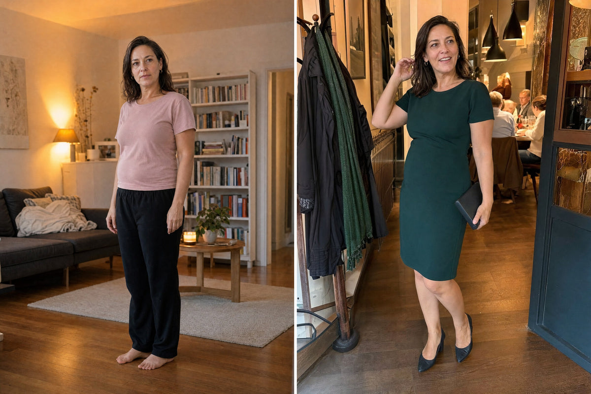 Sabine an einem Abend im März und an einem Abend im Mai im grünen Kleid