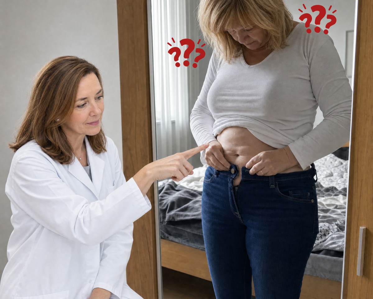 Frau vor dem Spiegel, die Hose lässt sich nicht mehr schließen