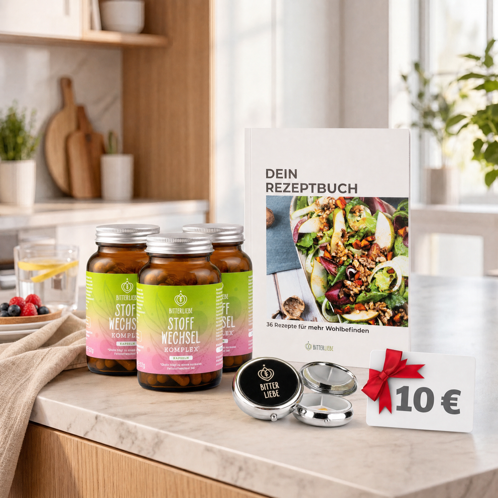 BitterLiebe Stoffwechsel Komplex Abnehm Bundle mit Rezeptbuch, Pillendose und Gutschein