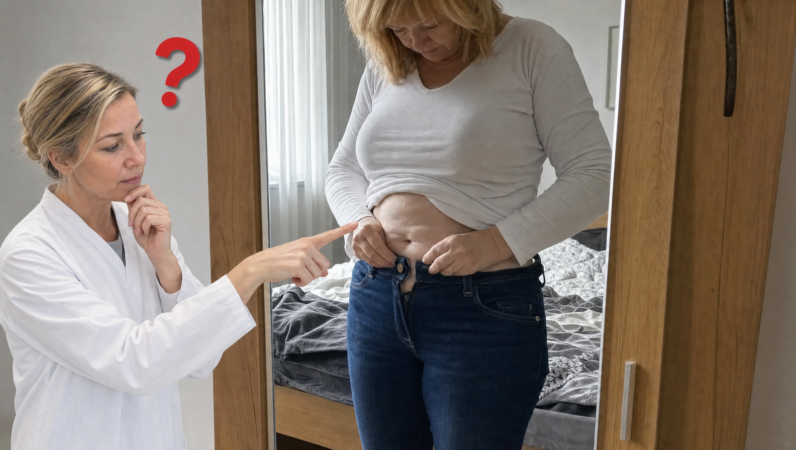 Frau vor dem Spiegel, die Hose lässt sich nicht mehr schließen