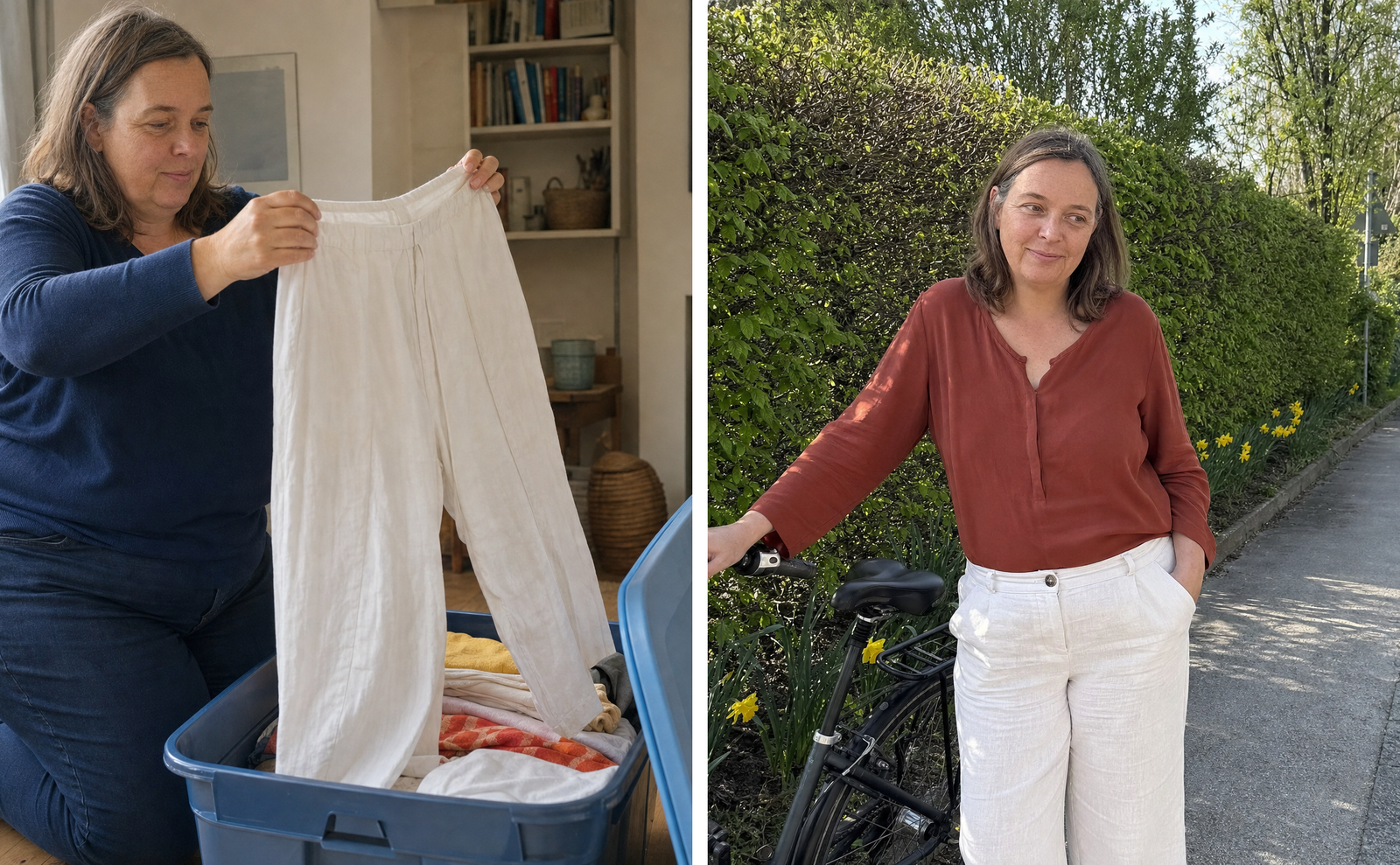 Kerstin im Oktober mit der Leinenhose in der Hand und im April in derselben Hose