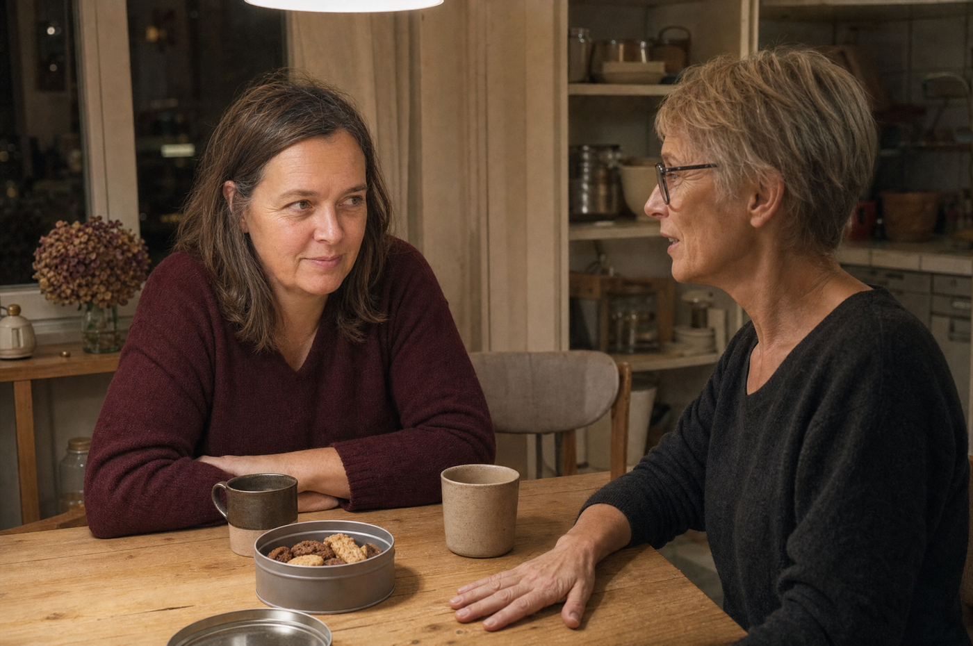 Kerstin und ihre Schwester Anja abends am Küchentisch