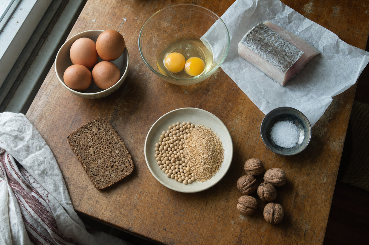 Eier, Vollkornbrot, Hülsenfrüchte und Seefisch auf einem Holztisch