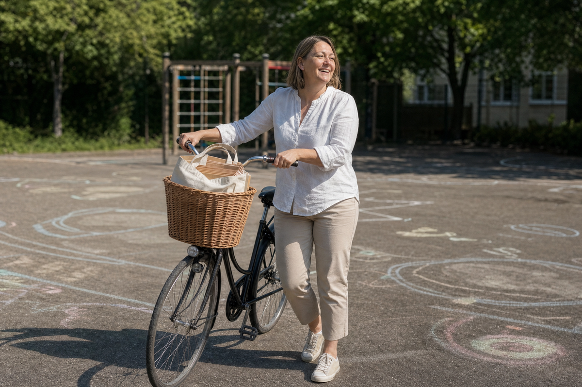 Claudia schiebt im Sommer ihr Fahrrad über den Schulhof