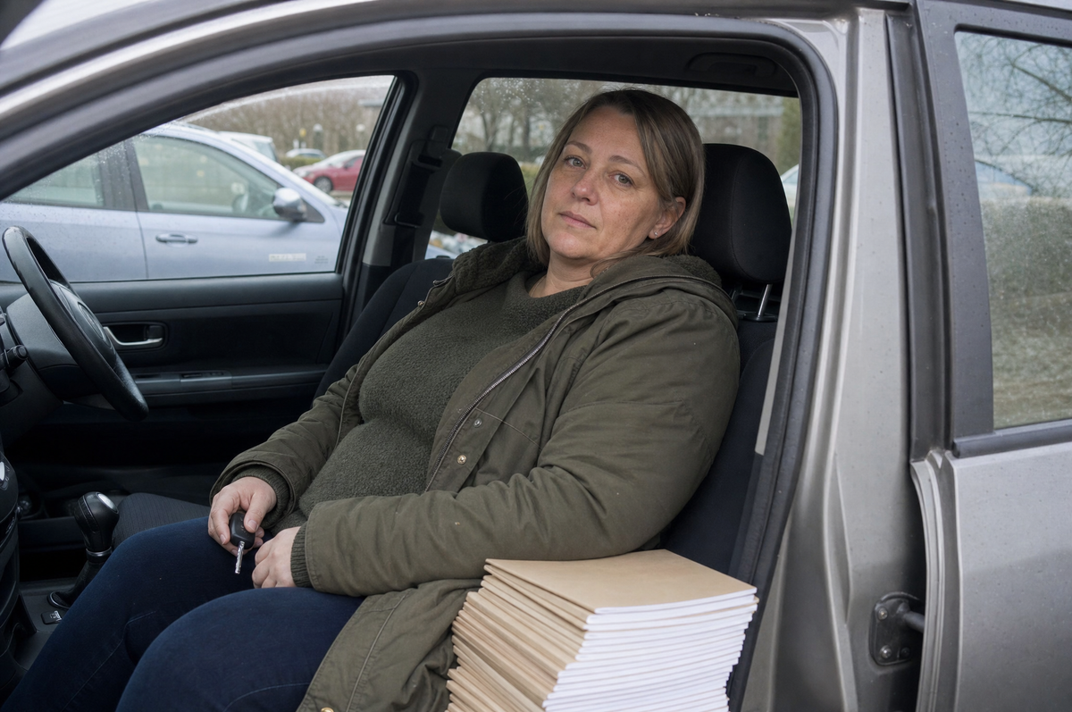 Claudia sitzt nach dem Unterricht müde im Auto auf dem Lehrerparkplatz