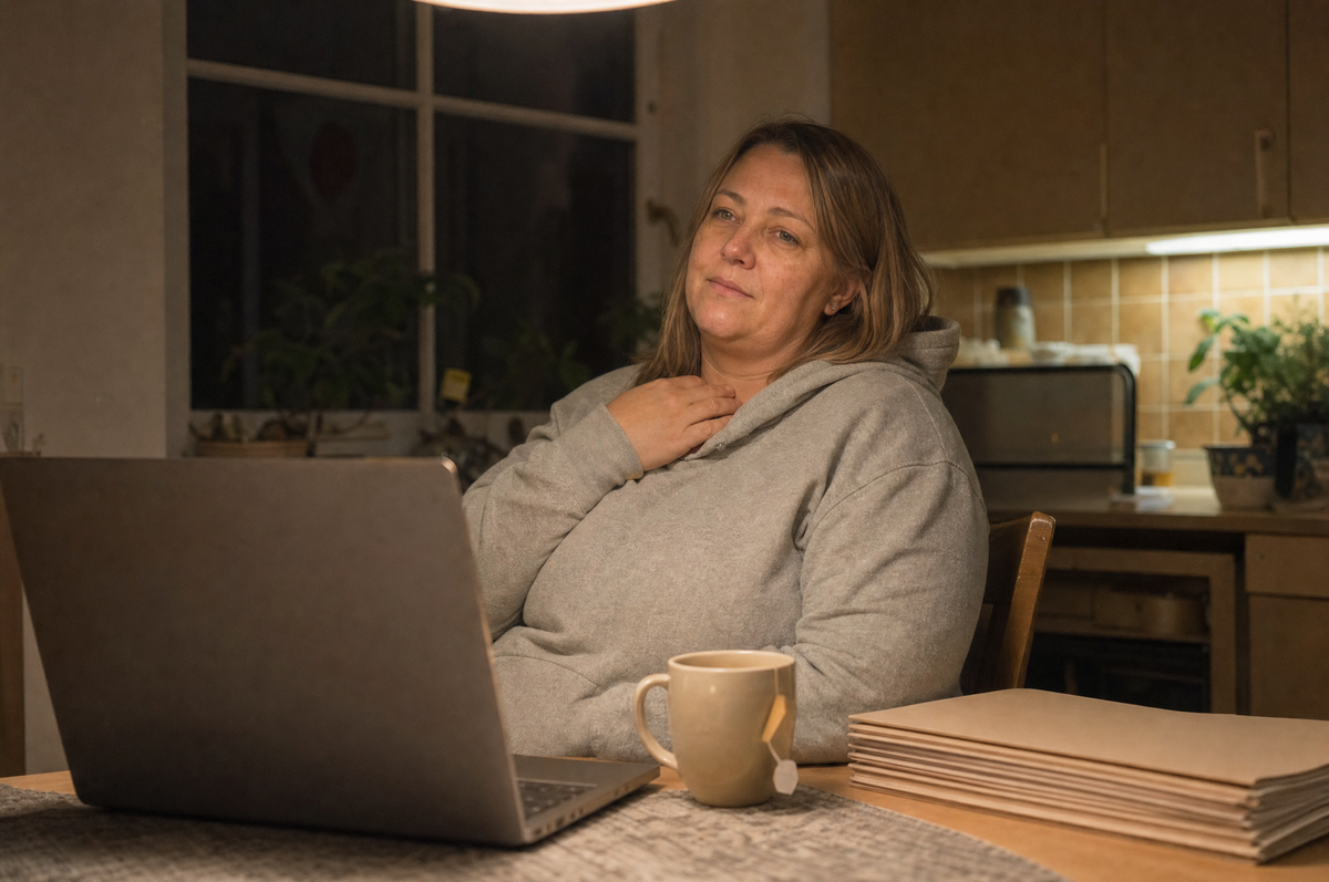 Claudia abends nachdenklich am Küchentisch