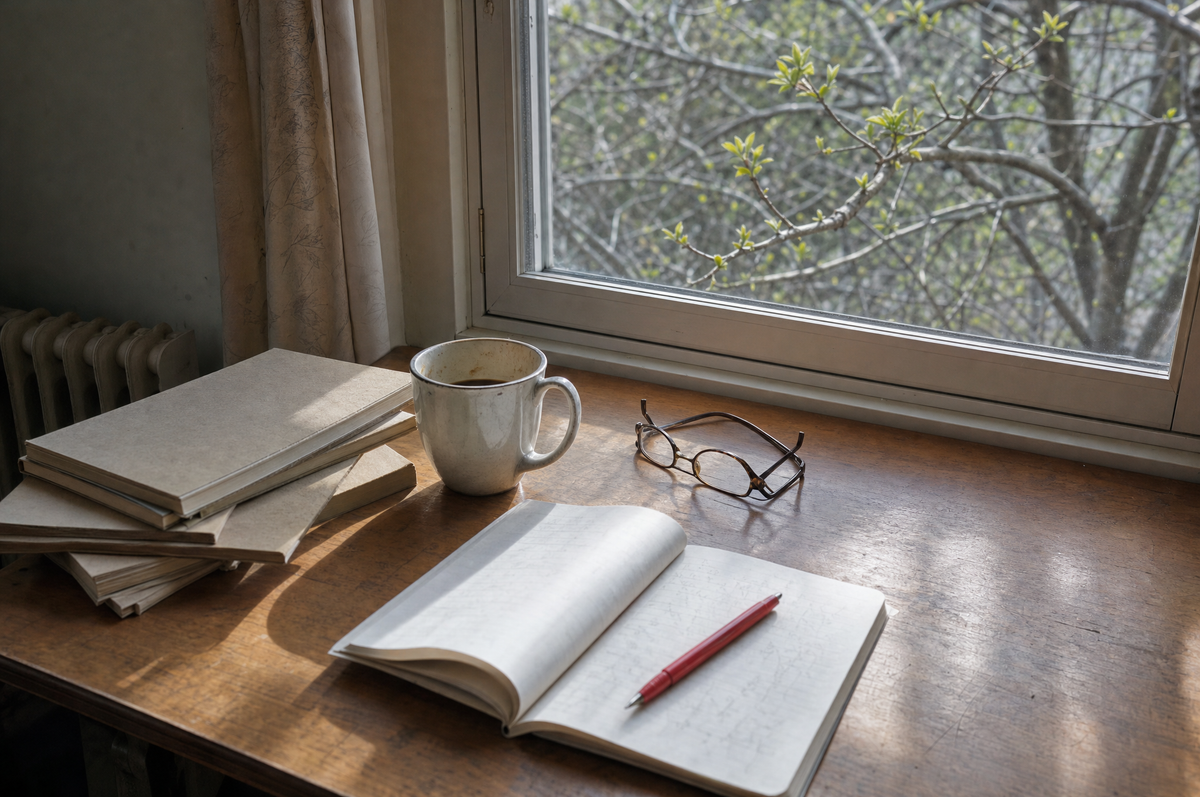 Schreibtisch mit Schulheften und Rotstift an einem Frühlingsnachmittag