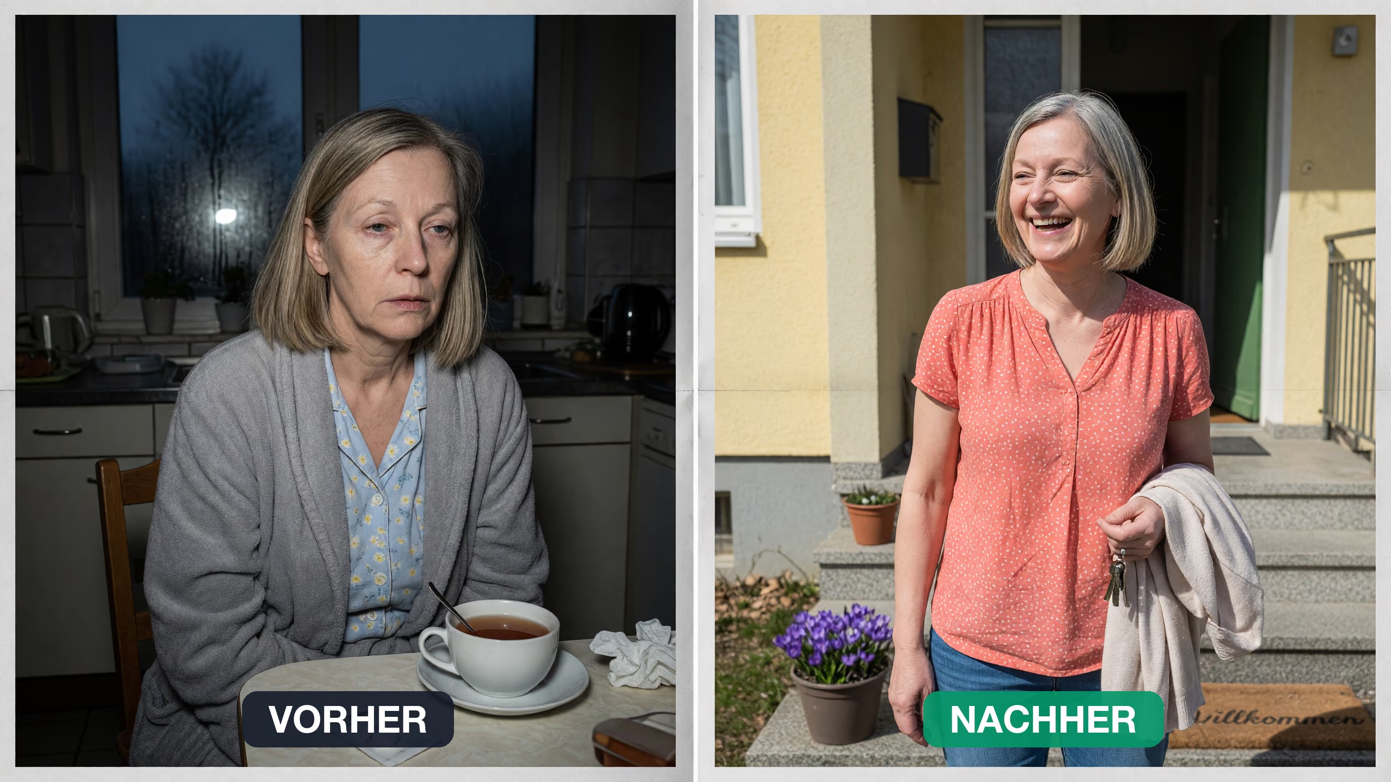 Gudrun K., 57. Links ein Morgen im November. Rechts ein Tag im Frühjahr.
