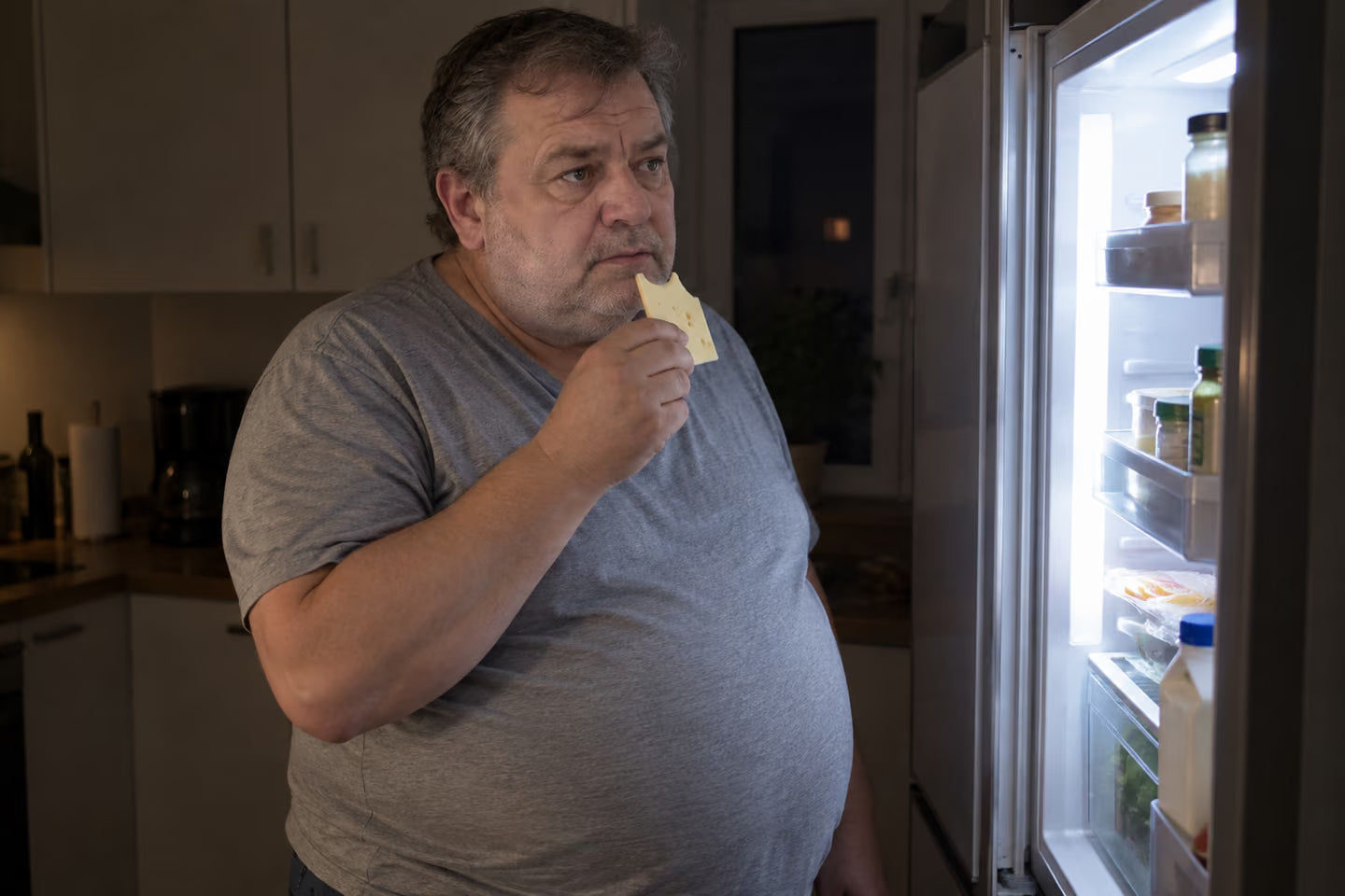 Müder Mann isst nachts am offenen Kühlschrank