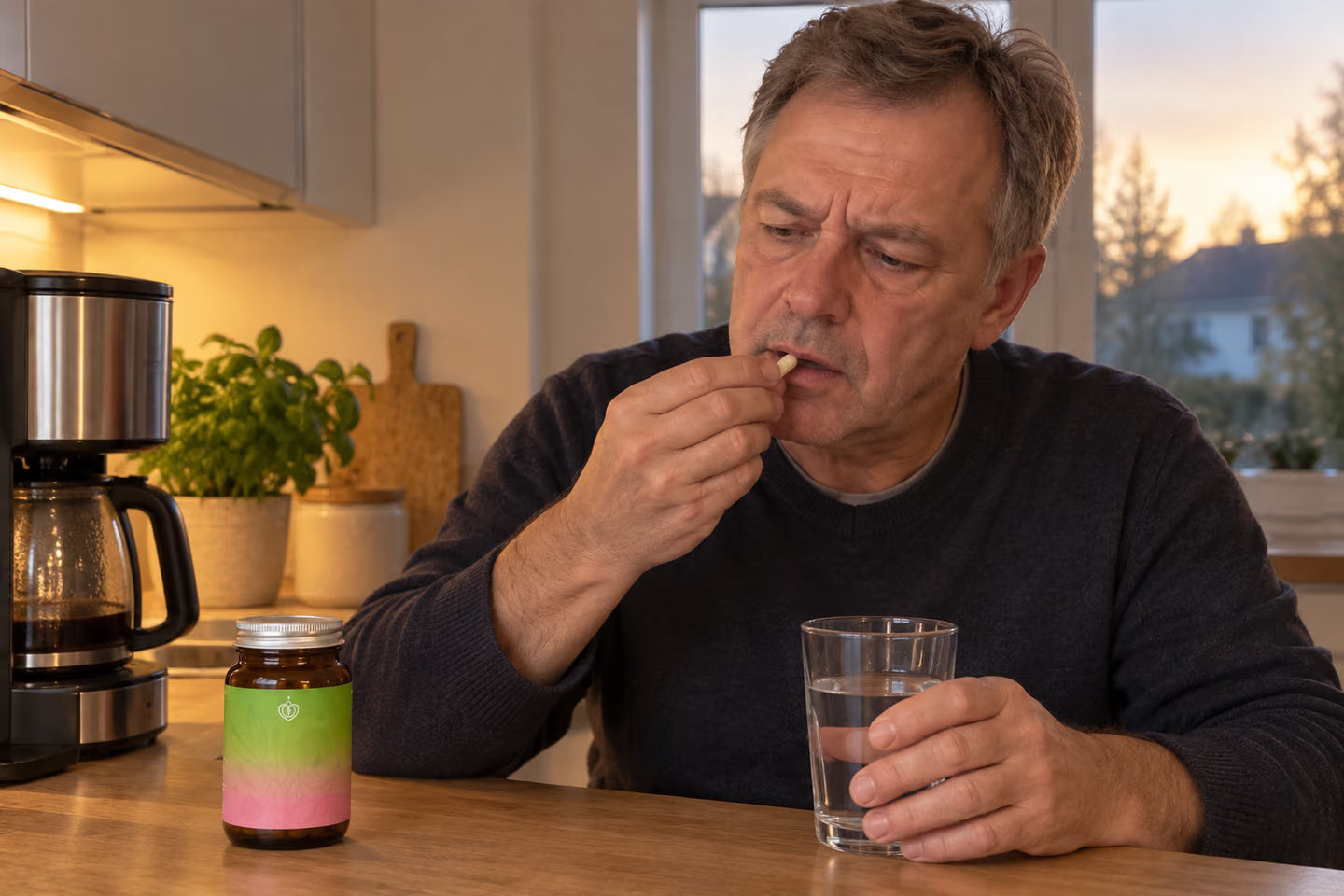 Hand nimmt eine Kapsel neben der Kaffeemaschine