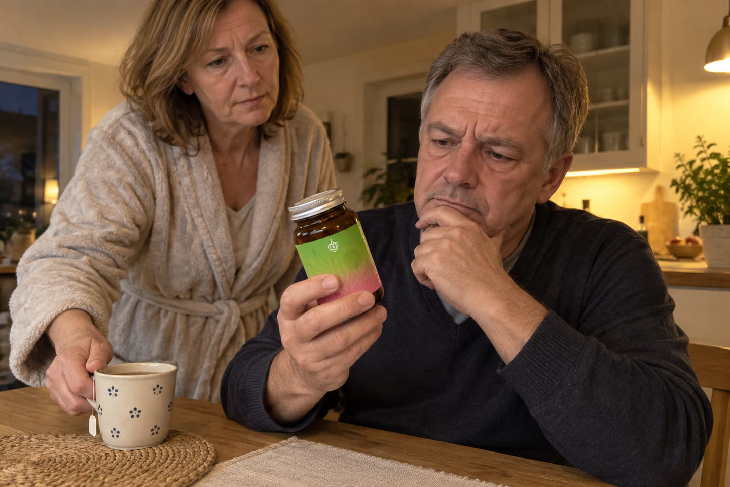 Mann hält skeptisch eine Glasdose, Frau stellt Tee hin