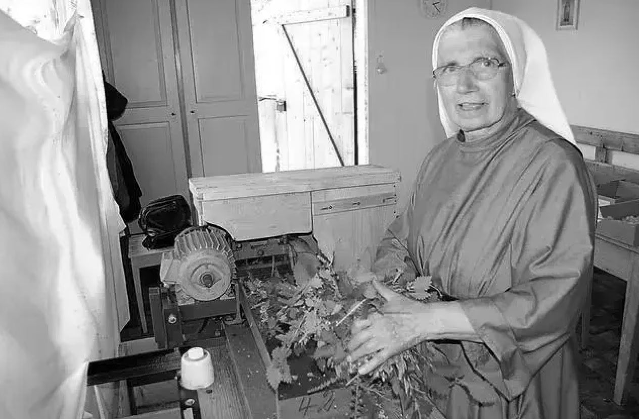 Schwester Hildegard bei der Kräuterverarbeitung
